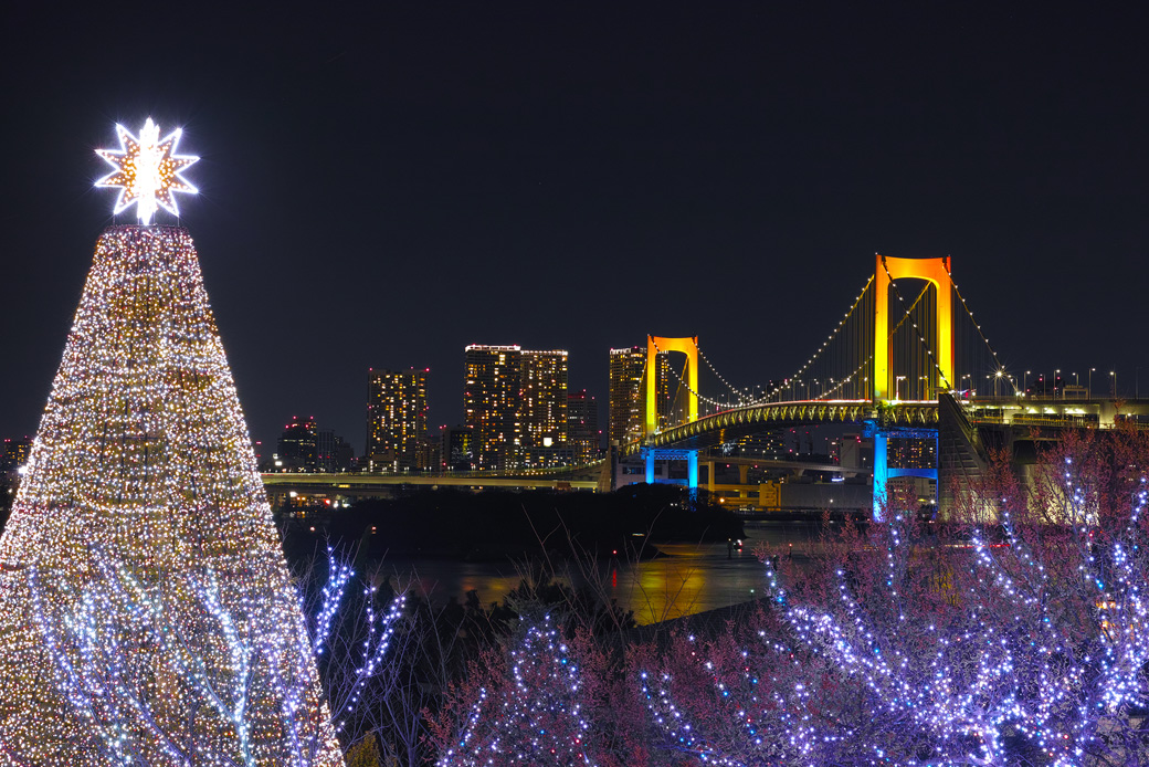 [image]東京のレインボーブリッジとクリスマスツリーのイルミネーション