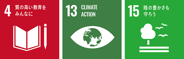 [画像]SDGs目標4「質の高い教育をみんなに」、目標13「気候変動に具体的な対策を」、目標15「陸の豊かさも守ろう」